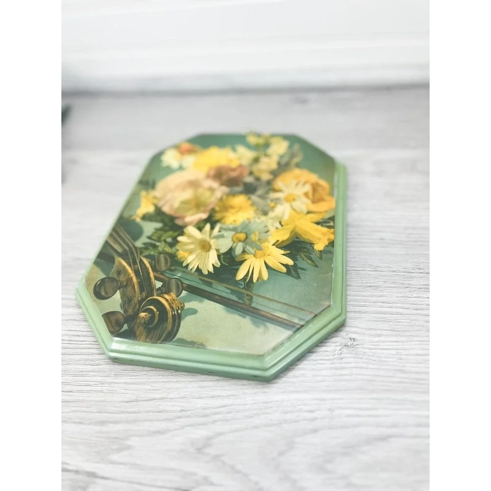 Vintage Floral Print on‎ Green Wood: Violin & Butterfly Art
